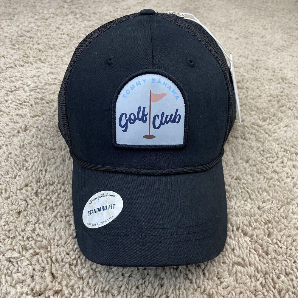 Tommy Bahama Hat Black Mesh Golf Club Patch Logo Snapback Roped Standard Fit Cap